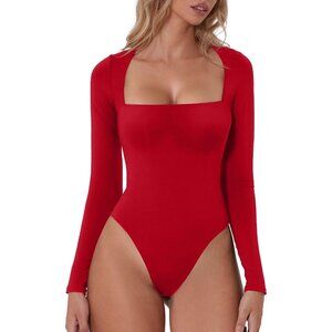 Women's Red Square Neck Long Sleeve Double Lined Shirt Tops Bodysuit